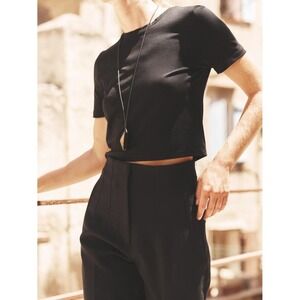 Zara Black Mid Weight Slim Fit Round Neck Cropped Short Sleeve Classic Tee Small